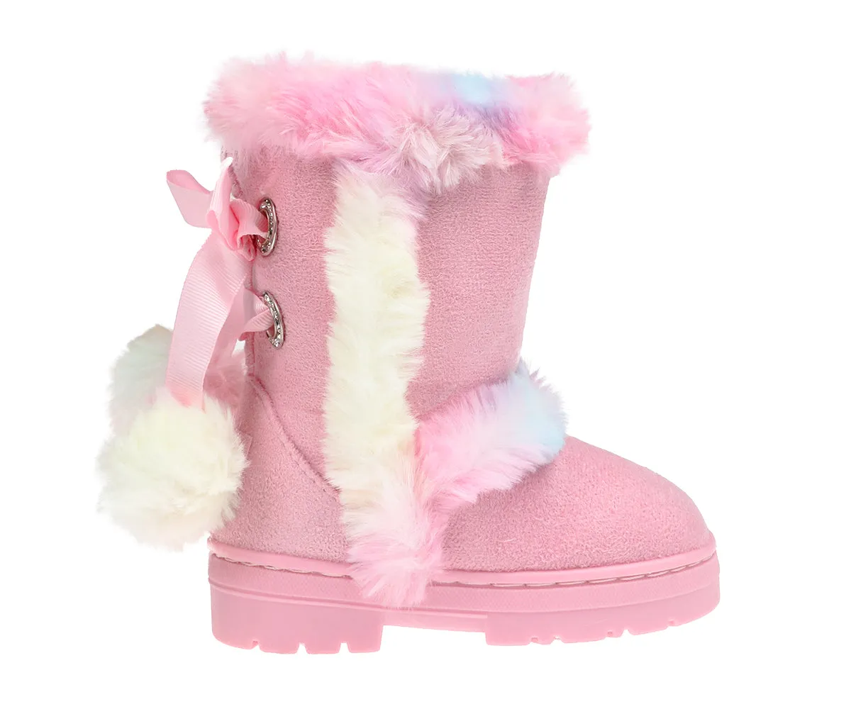 bebe Girls Big Kid Mid Calf Easy Pull-On Microsuede Winter Boots Embellished With Fur Trim And Rhinestone Eyelet