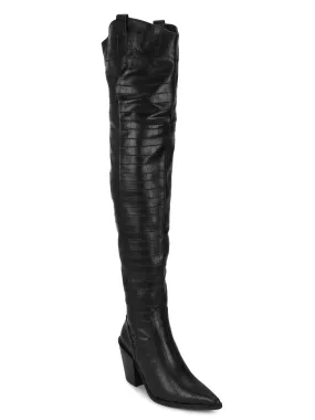 Black Croc Pu High Thigh Block Heel Boots