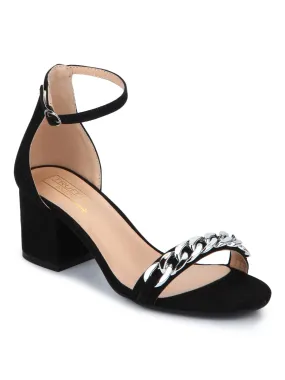 Black Micro Chain Ankle Strap Low Block Heels