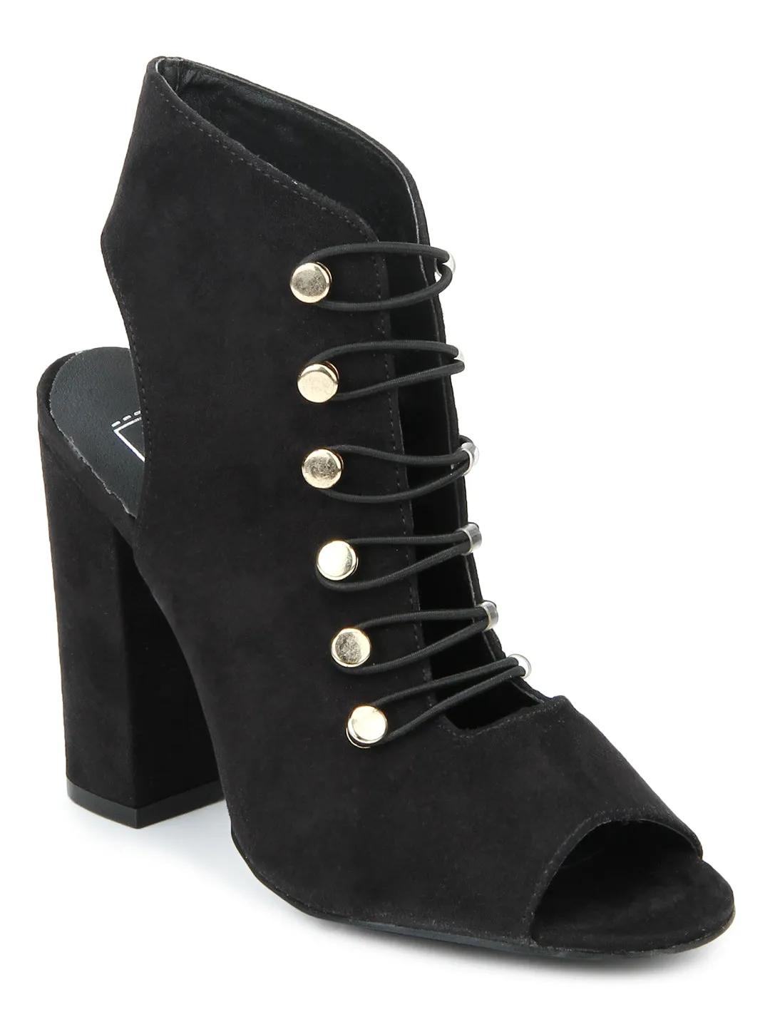 Black Micro Lace-up Peep Toe Block Heels