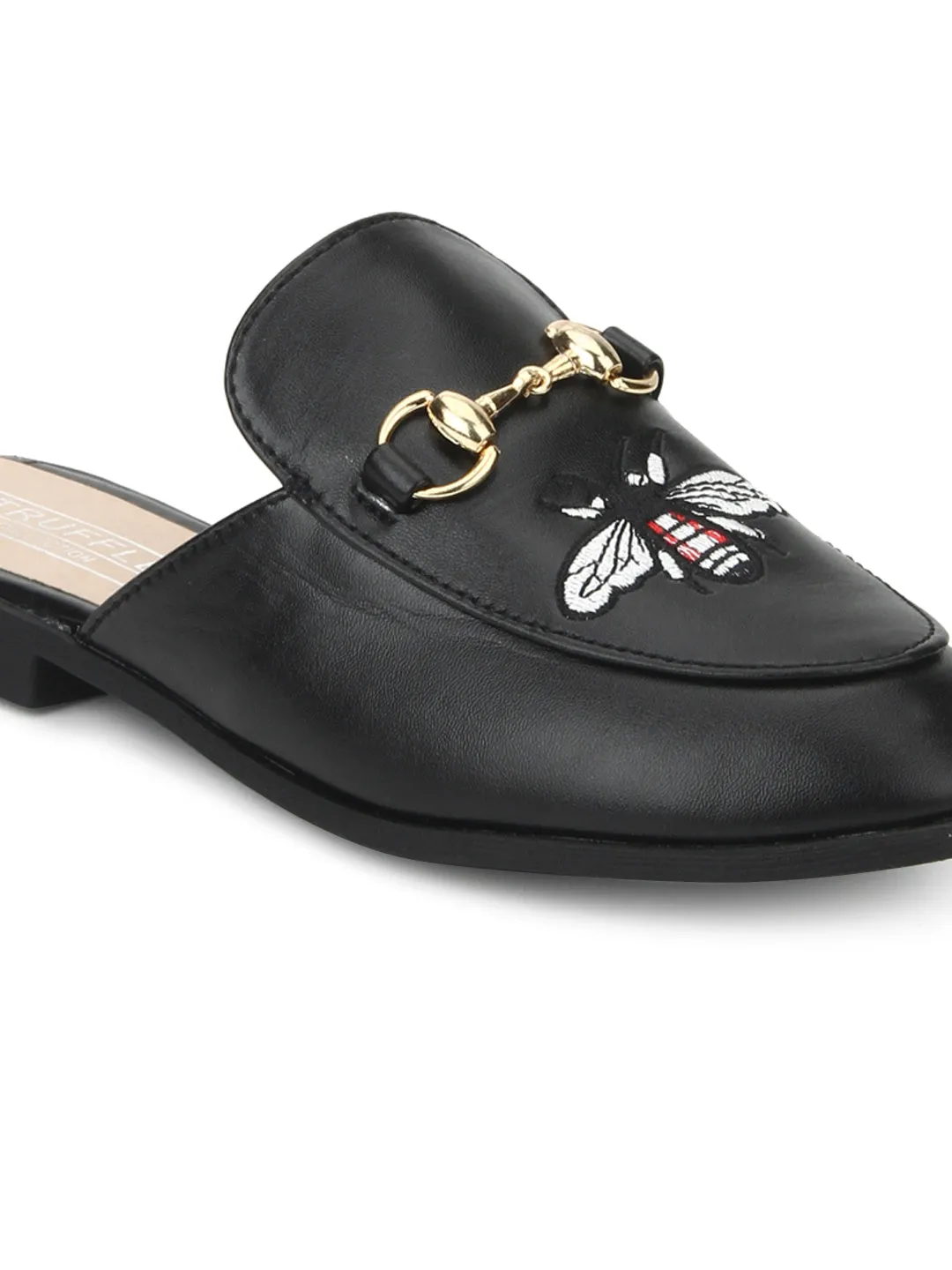 Black Pu Bee Detailed Open Back Flat Loafers