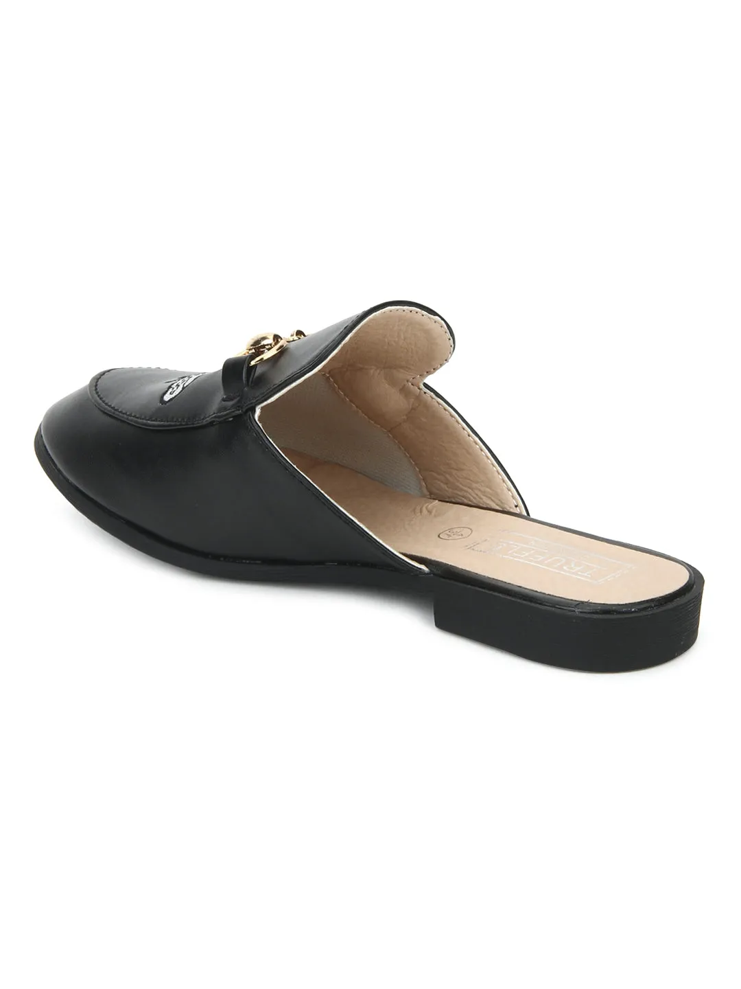 Black Pu Bee Detailed Open Back Flat Loafers