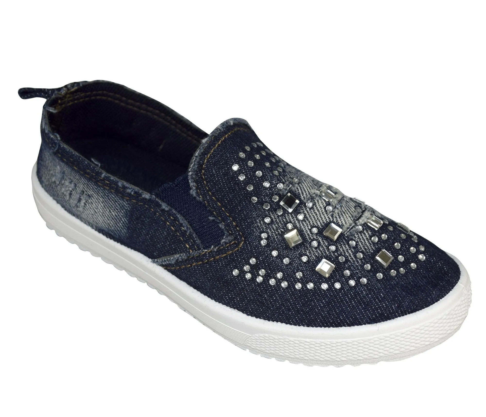 Girls Fashion Distressed Denim Rhinestone Embellished Casual Shoes Slip On Sneakers