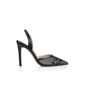 Jade Heel Black Mesh & Lizard-Embossed Leather