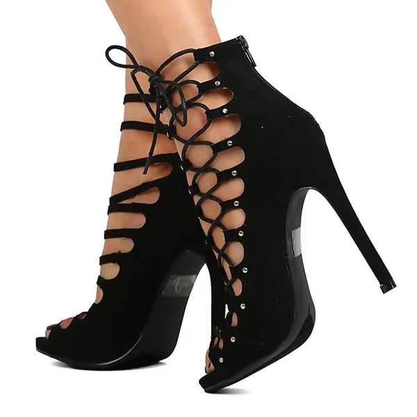 Jesse Black Faux Suede Peep Toe Strappy Side Lace Stiletto Heel