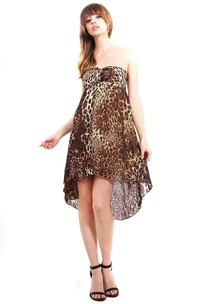 Leopard Chiffon Strapless High Low Womens Sheer Dress