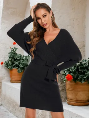 V-Neck Wrap Long Dolman Sleeve Knit Bodycon Sweater Dress