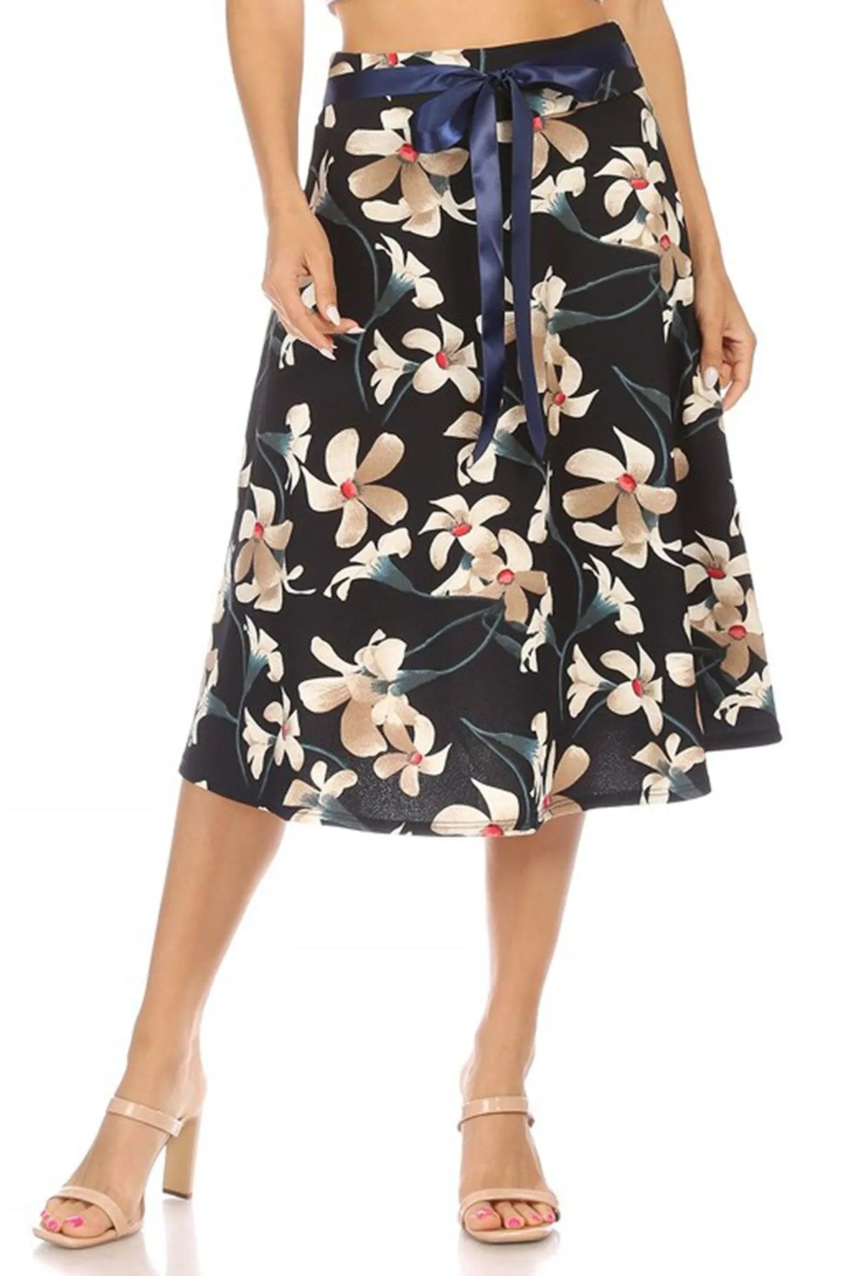 Women's Casual Floral A-line Printed High Waist Bow Tie Belted Knee Length Midi Skirt