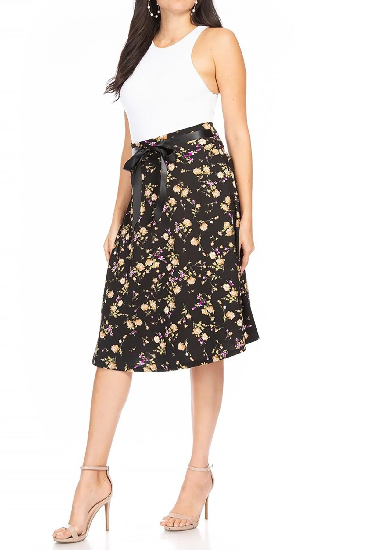 Women's Casual Floral A-line Printed High Waist Bow Tie Belted Knee Length Midi Skirt