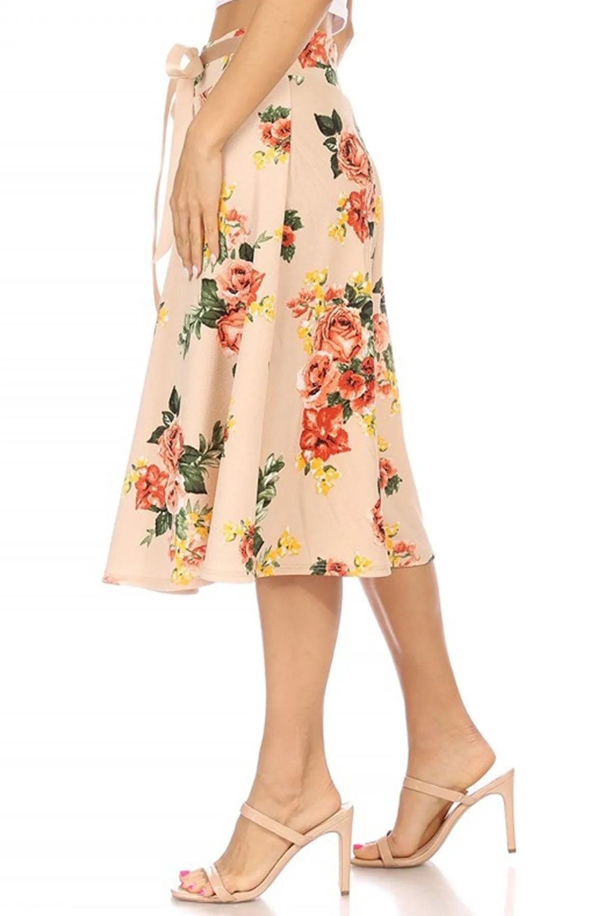 Women's Casual Floral A-line Printed High Waist Bow Tie Belted Knee Length Midi Skirt