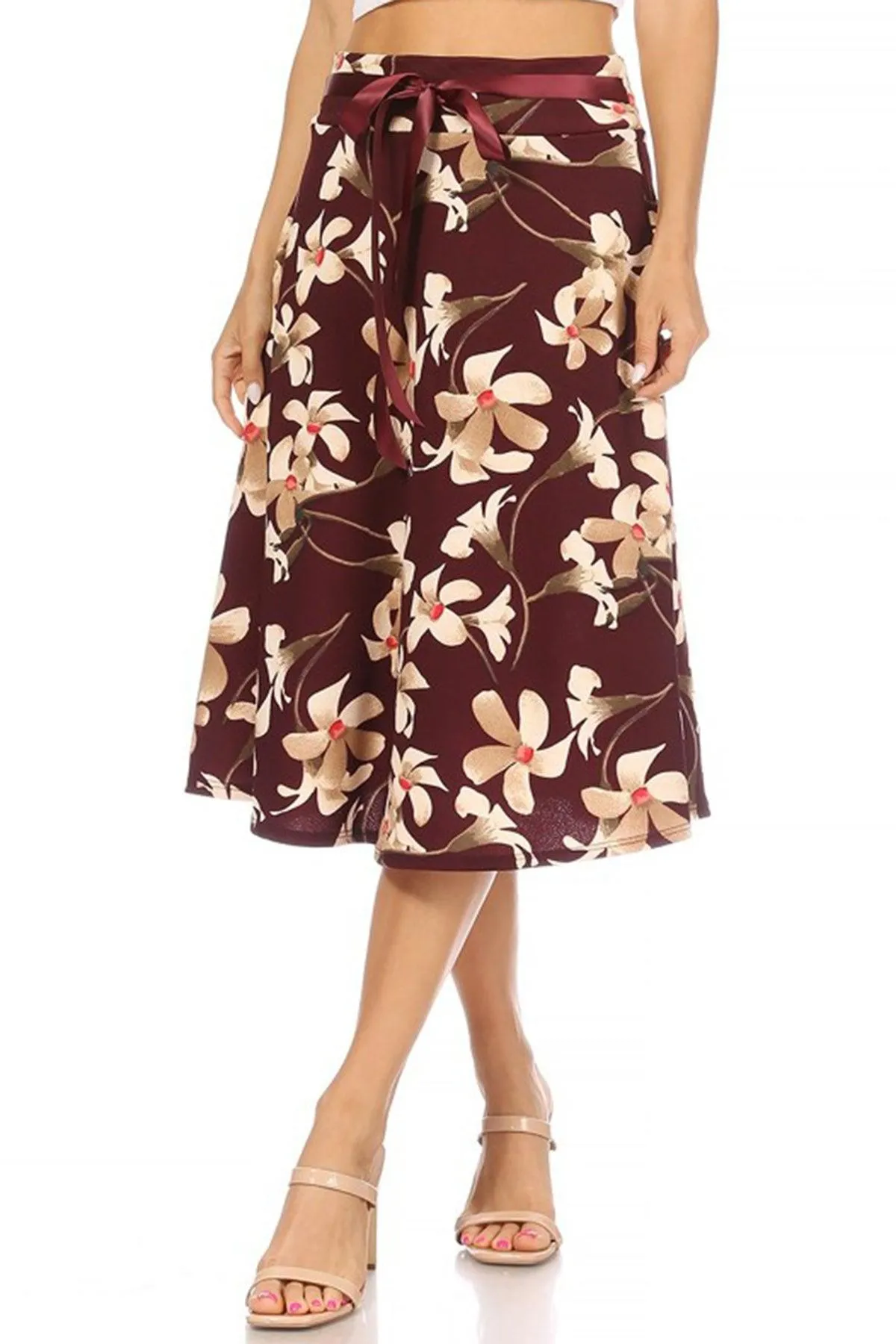 Women's Casual Floral A-line Printed High Waist Bow Tie Belted Knee Length Midi Skirt