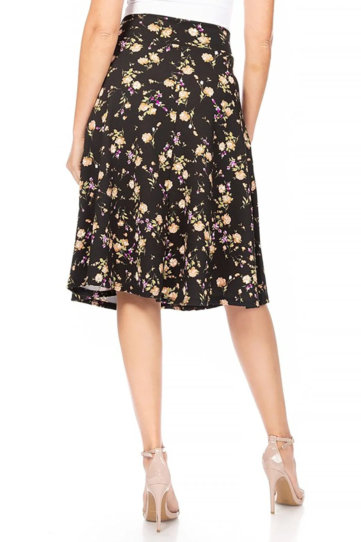 Women's Casual Floral A-line Printed High Waist Bow Tie Belted Knee Length Midi Skirt