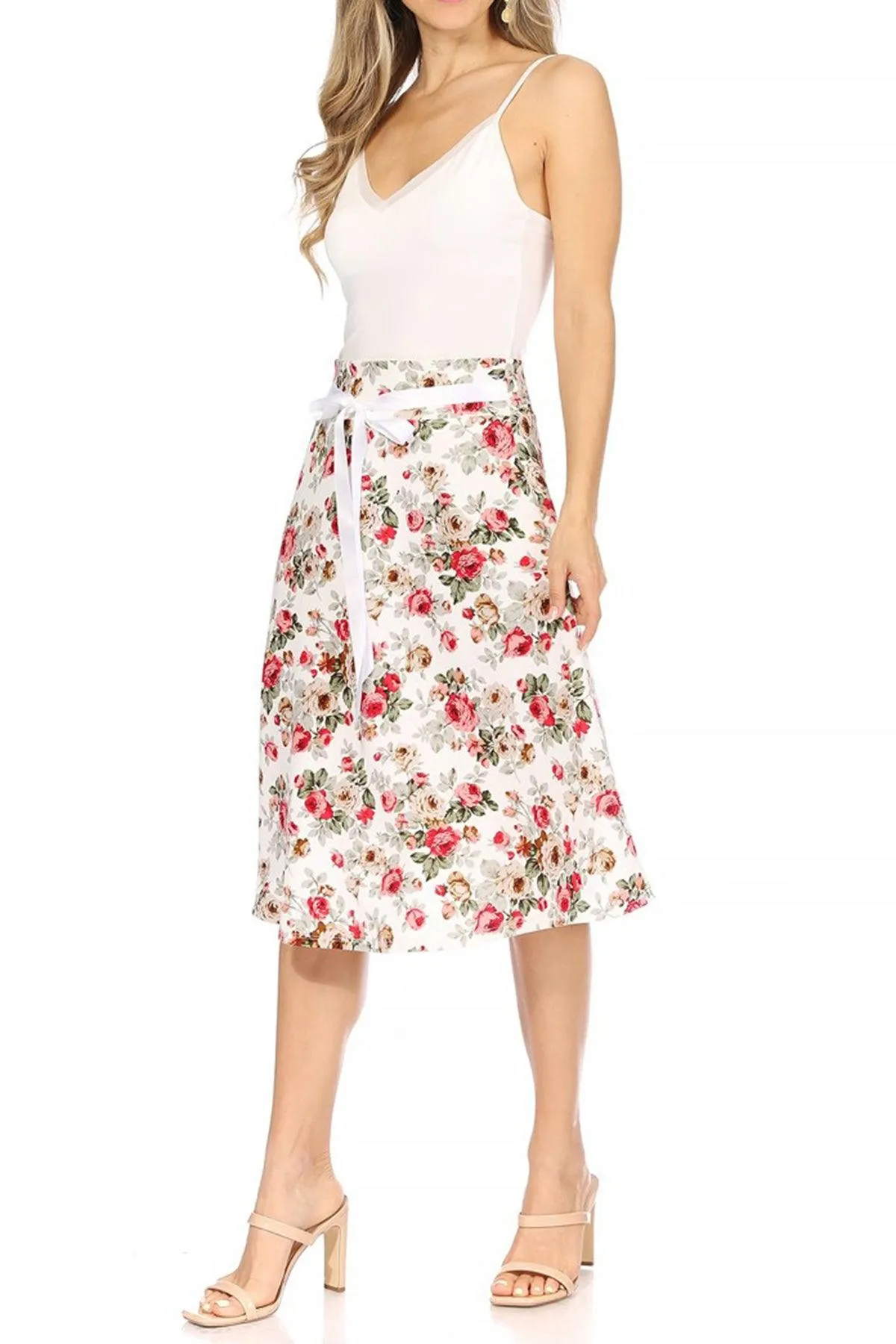 Women's Casual Floral A-line Printed High Waist Bow Tie Belted Knee Length Midi Skirt